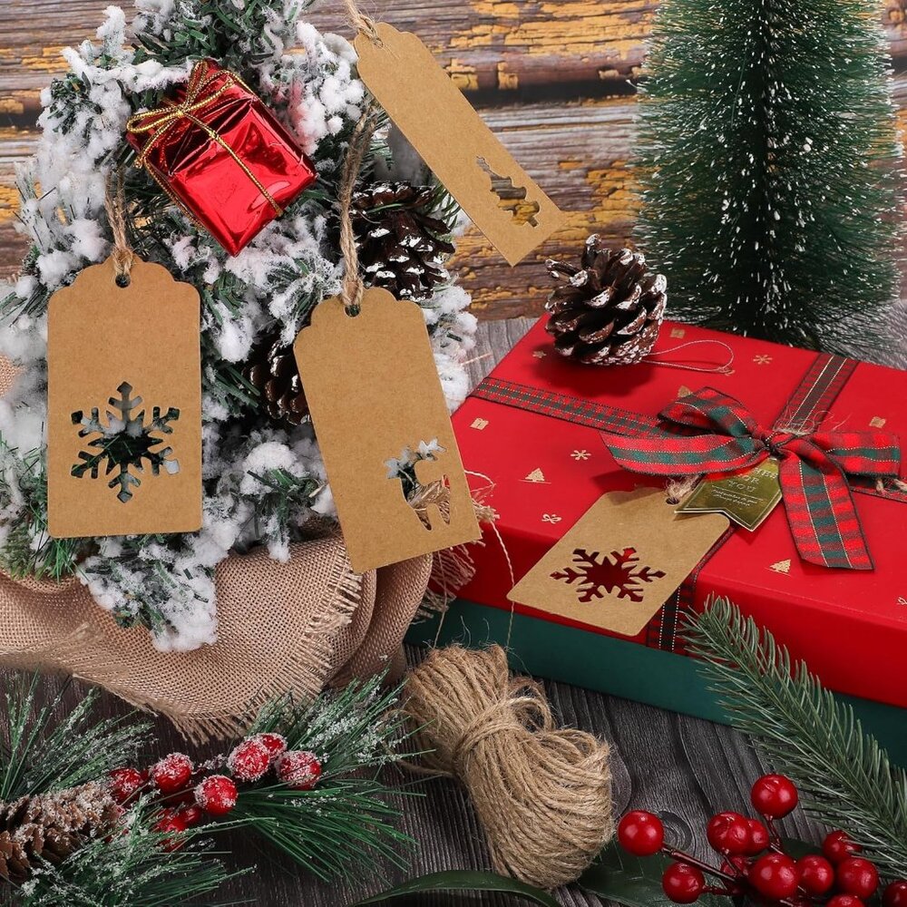 Versatile 150 Piece Kraft Christmas Gift Tags with Reindeer & Snowflake Designs - Picture 2 of 7
